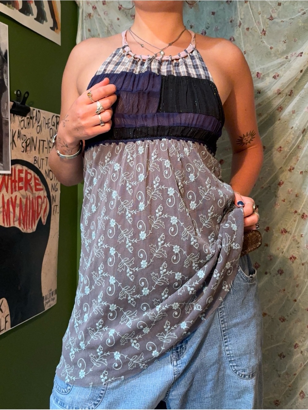 Free People Mixed Patchwork Halter Camisole in Navy, Black and Gray